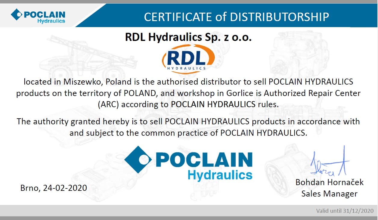 certyfikat poclain - Zostaliśmy autoryzowanym punktem serwisowym Poclain Hydraulics w Polsce.